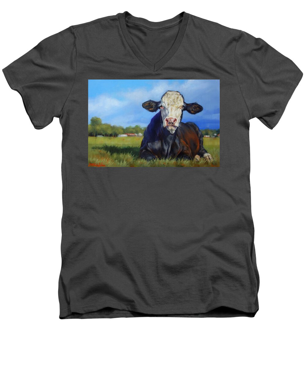 Cow Men's V-Neck T-Shirt featuring the painting Calm Before The Storm by Margaret Stockdale