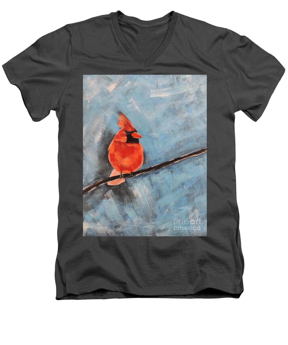 Cardinal Men's V-Neck T-Shirt featuring the painting Cardinal on a Branch by Lisa Dionne