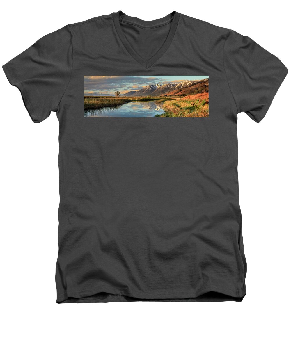 Carson Valley Men's V-Neck T-Shirt featuring the photograph Carson Valley Sunrise Panorama by James Eddy