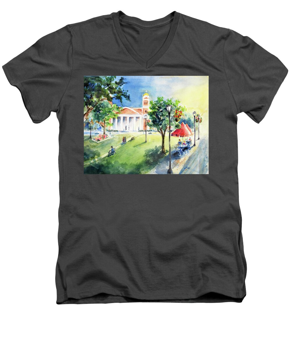 Park Men's V-Neck T-Shirt featuring the painting Cathedral Square by Jerry Fair