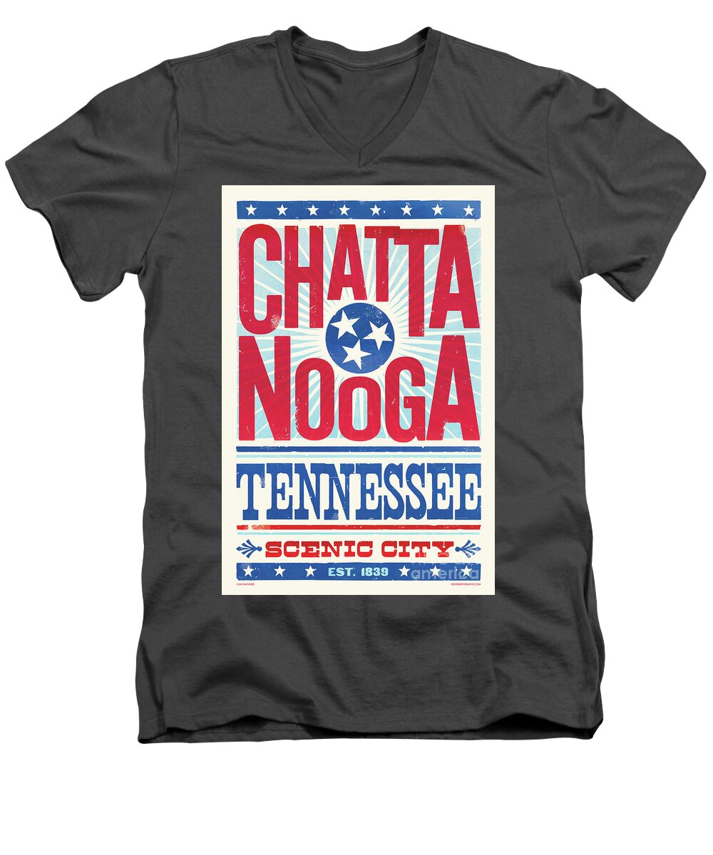 Letterpress Men's V-Neck T-Shirt featuring the digital art Chattanooga Poster - Tennessee by Jim Zahniser