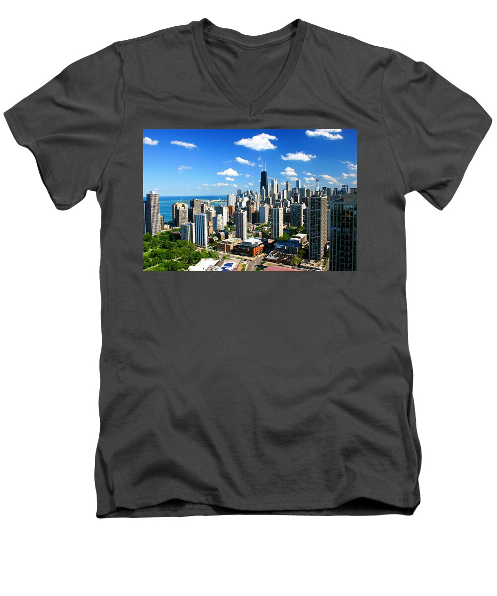 Architecture Men's V-Neck T-Shirt featuring the photograph Chicago Gold Coast Aerial Skyline Blue Sky by Patrick Malon