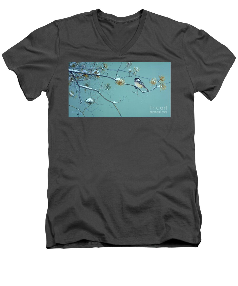 Scott Zoellick Men's V-Neck T-Shirt featuring the painting Chickadee Singbird by JQ Licensing