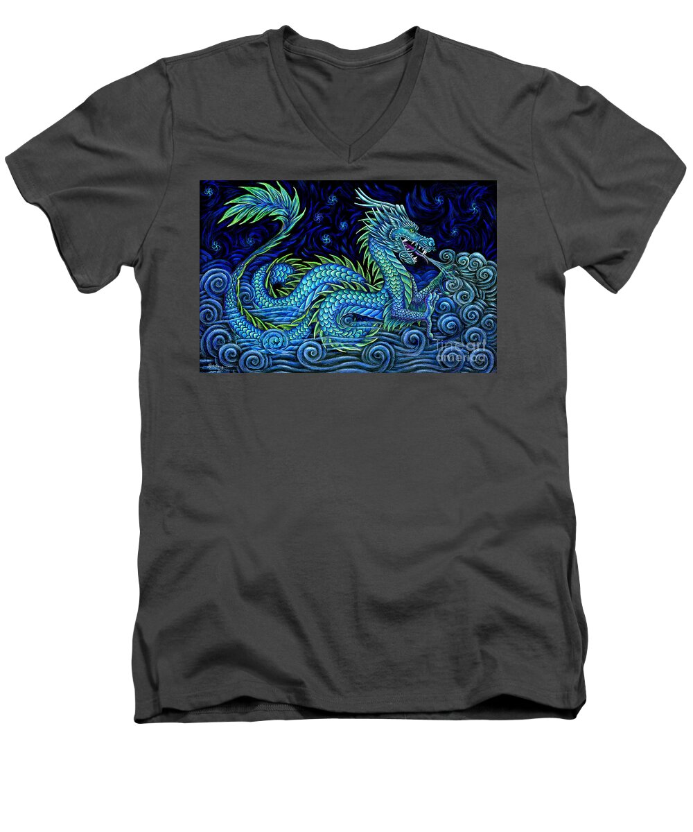 Chinese Dragon Men's V-Neck T-Shirt featuring the drawing Chinese Azure Dragon by Rebecca Wang