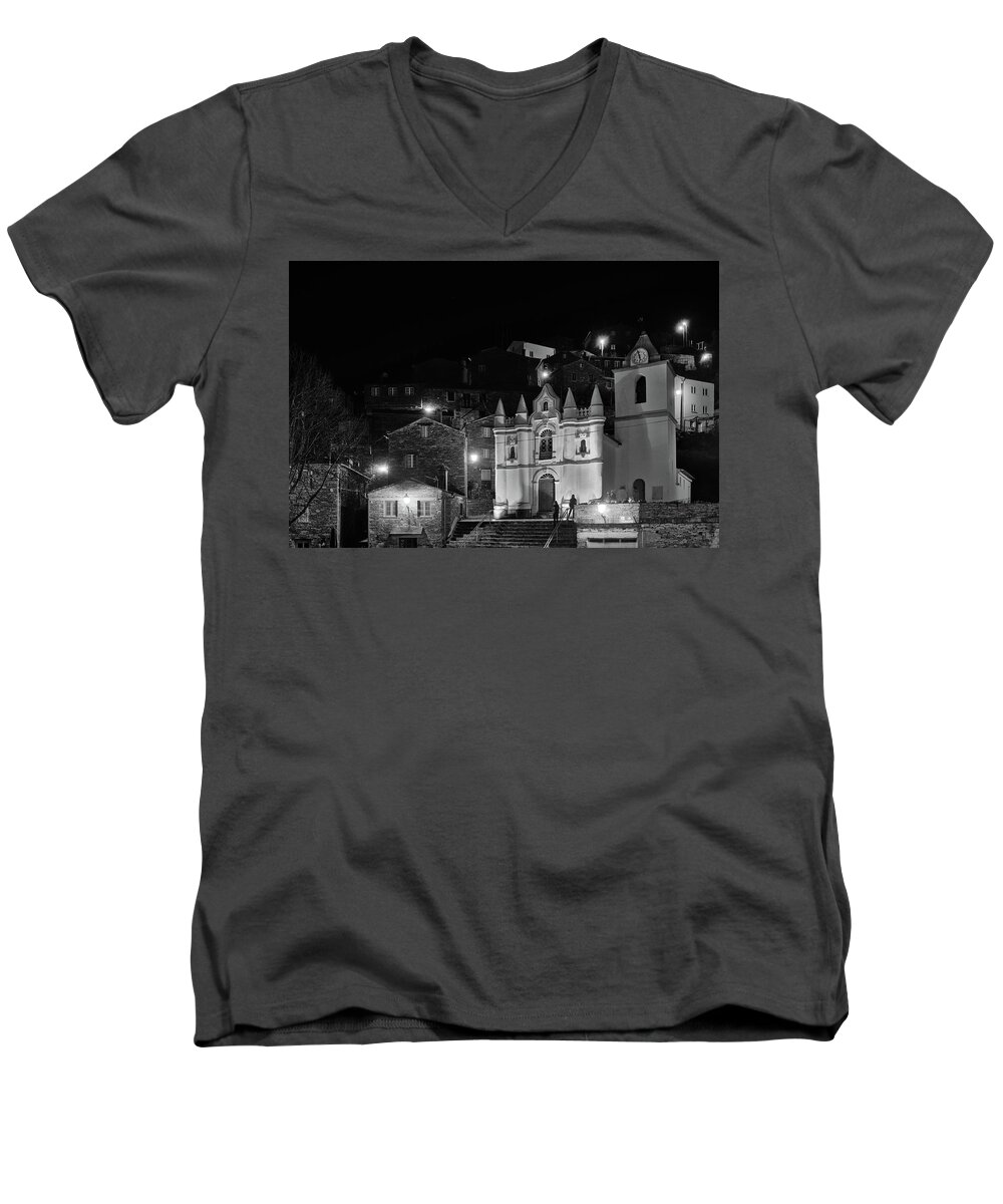 Piodao Men's V-Neck T-Shirt featuring the photograph Church at night in Piodao by Angelo DeVal