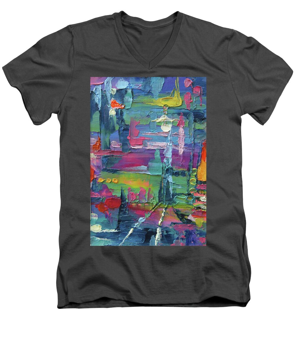 Bright Colors Men's V-Neck T-Shirt featuring the painting City Tracks by Jean Batzell Fitzgerald