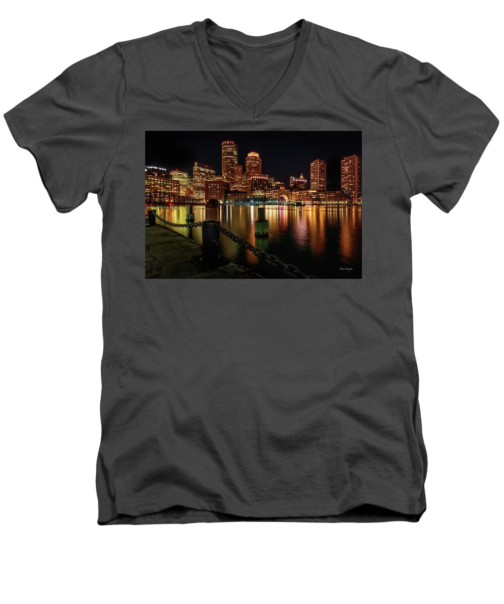 New England.night Men's V-Neck T-Shirt featuring the photograph City with a Soul- Boston Harbor by Tim Bryan