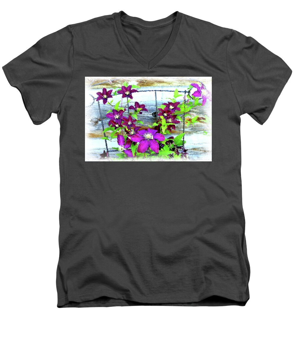 Flower Men's V-Neck T-Shirt featuring the photograph Clematis on Wire Trellis by Kae Cheatham