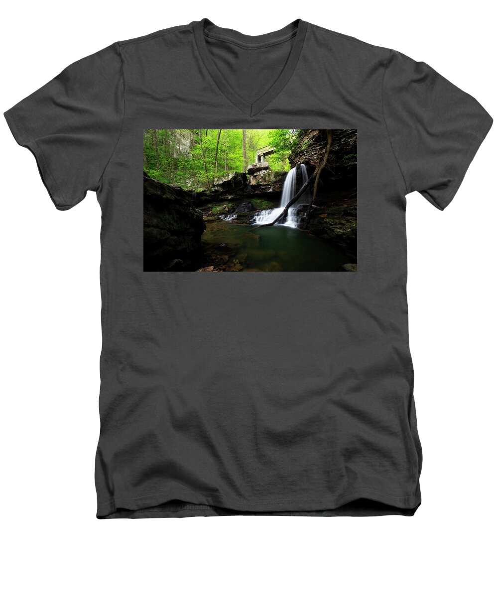 Cloudland Canyon Men's V-Neck T-Shirt featuring the photograph Cloudland Canyon Bridge by Andy Crawford