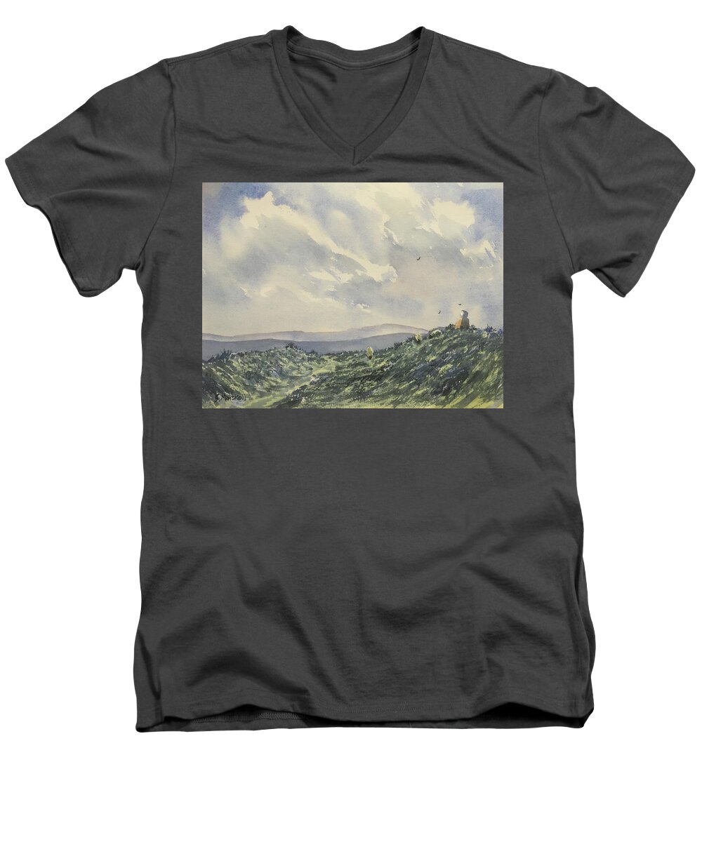 Watercolour Men's V-Neck T-Shirt featuring the painting Cloudy Skies over Fat Betty by Glenn Marshall