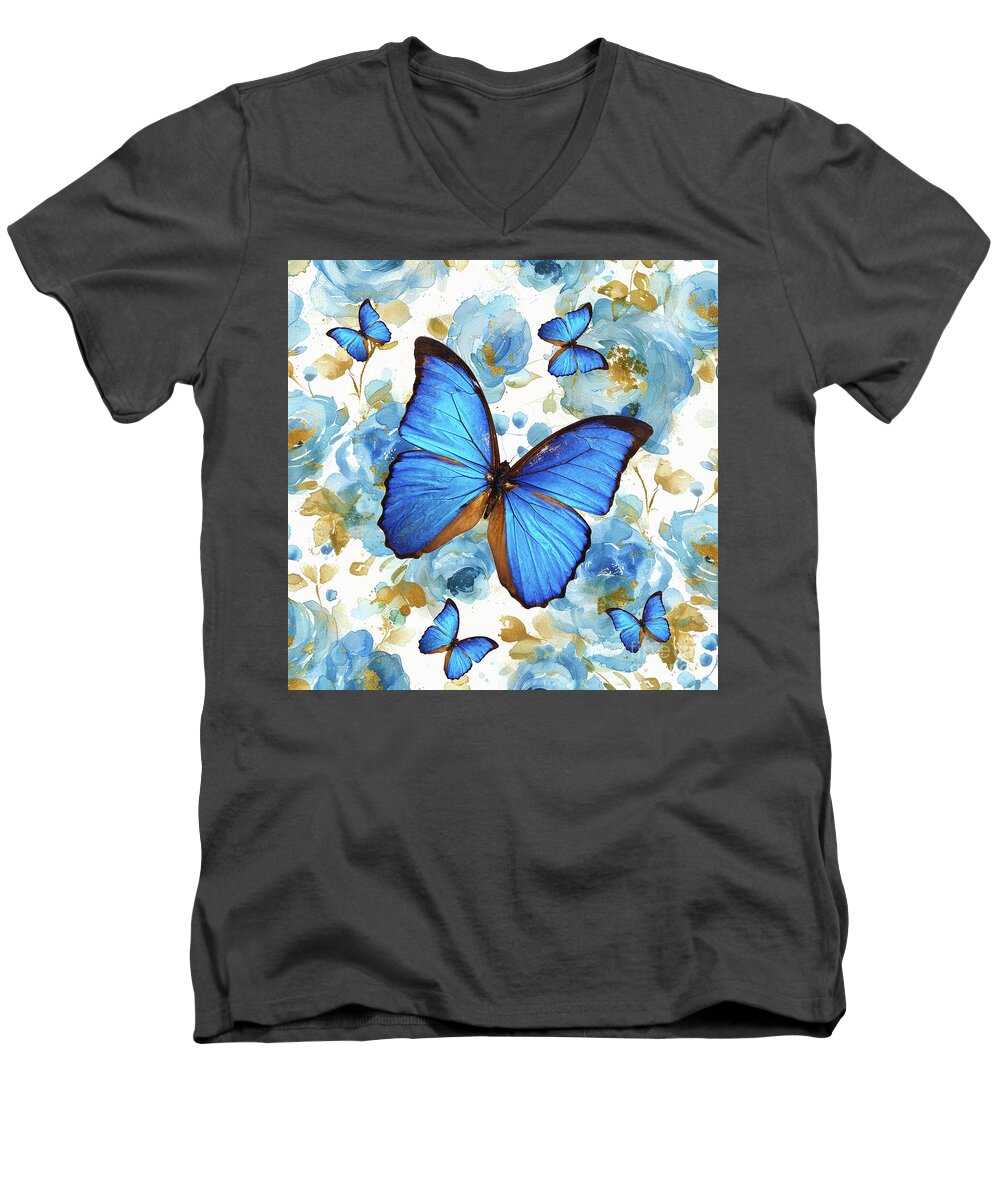 Butterfly Men's V-Neck T-Shirt featuring the painting Cobalt Blue Butterflies by Tina LeCour