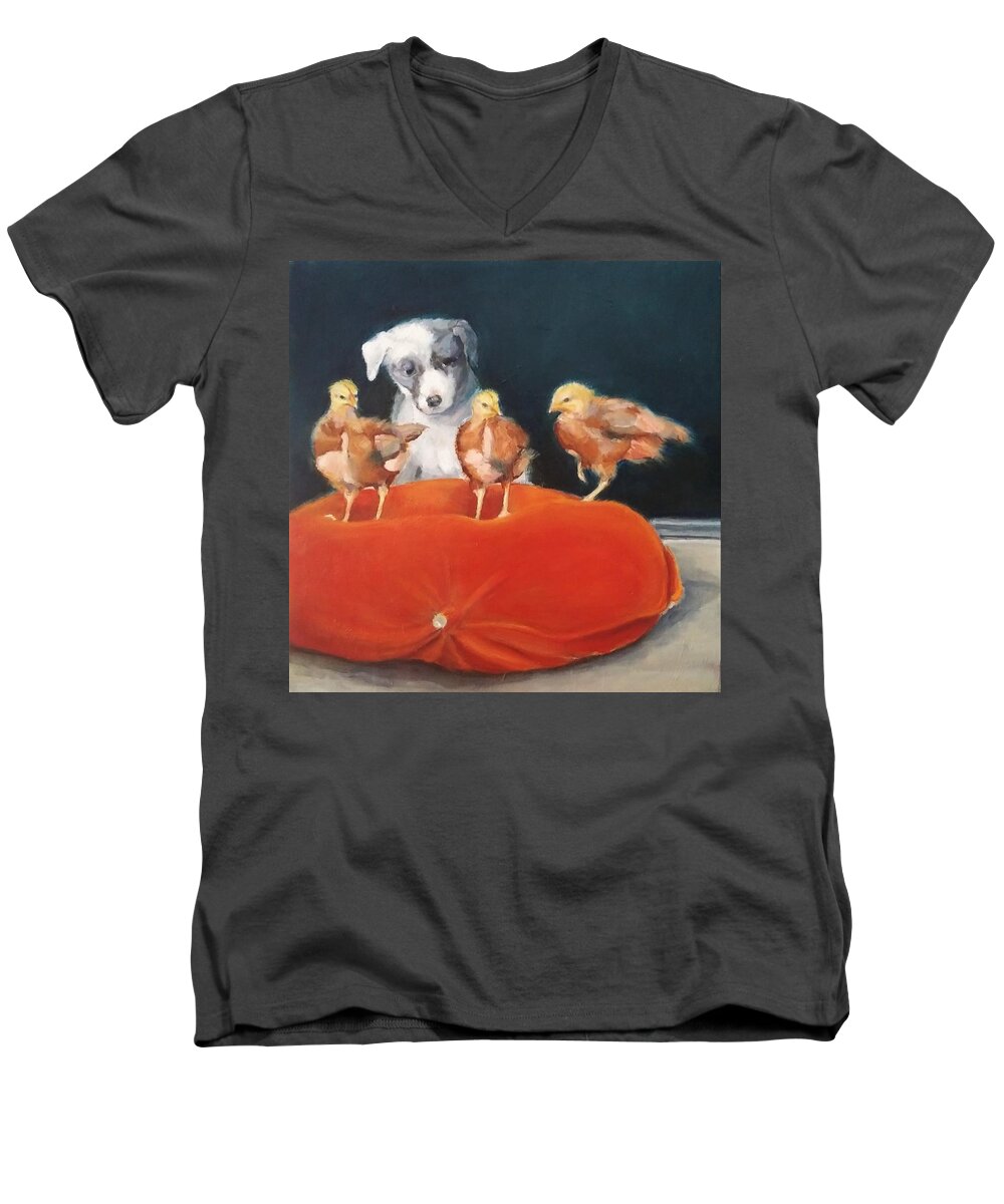 Puppy Men's V-Neck T-Shirt featuring the painting Coexistence by Jean Cormier