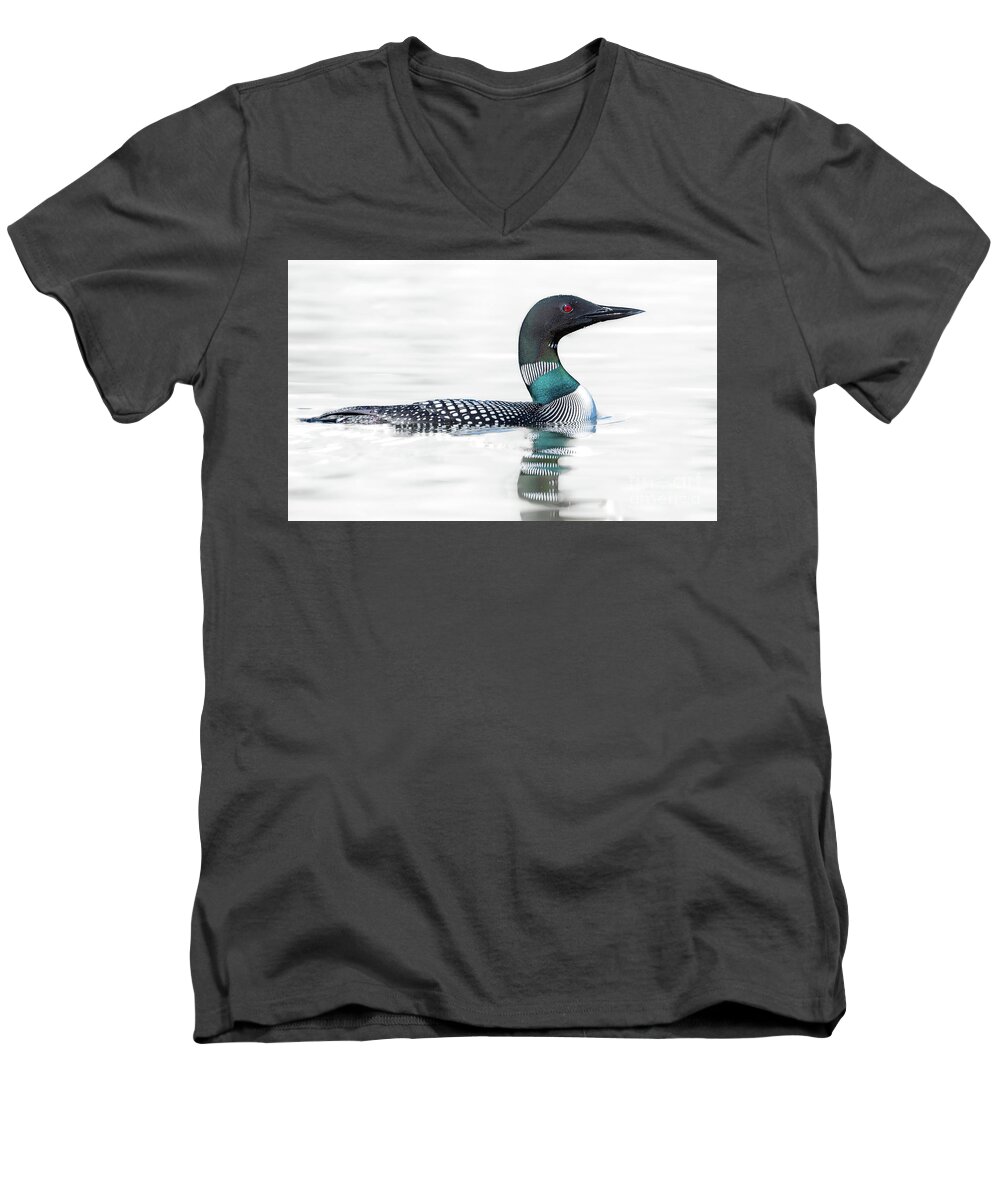 Common Loon Photography Bird Utah Wildlife Swimming Color Black And White Men's V-Neck T-Shirt featuring the photograph Common Loon by Jami Bollschweiler