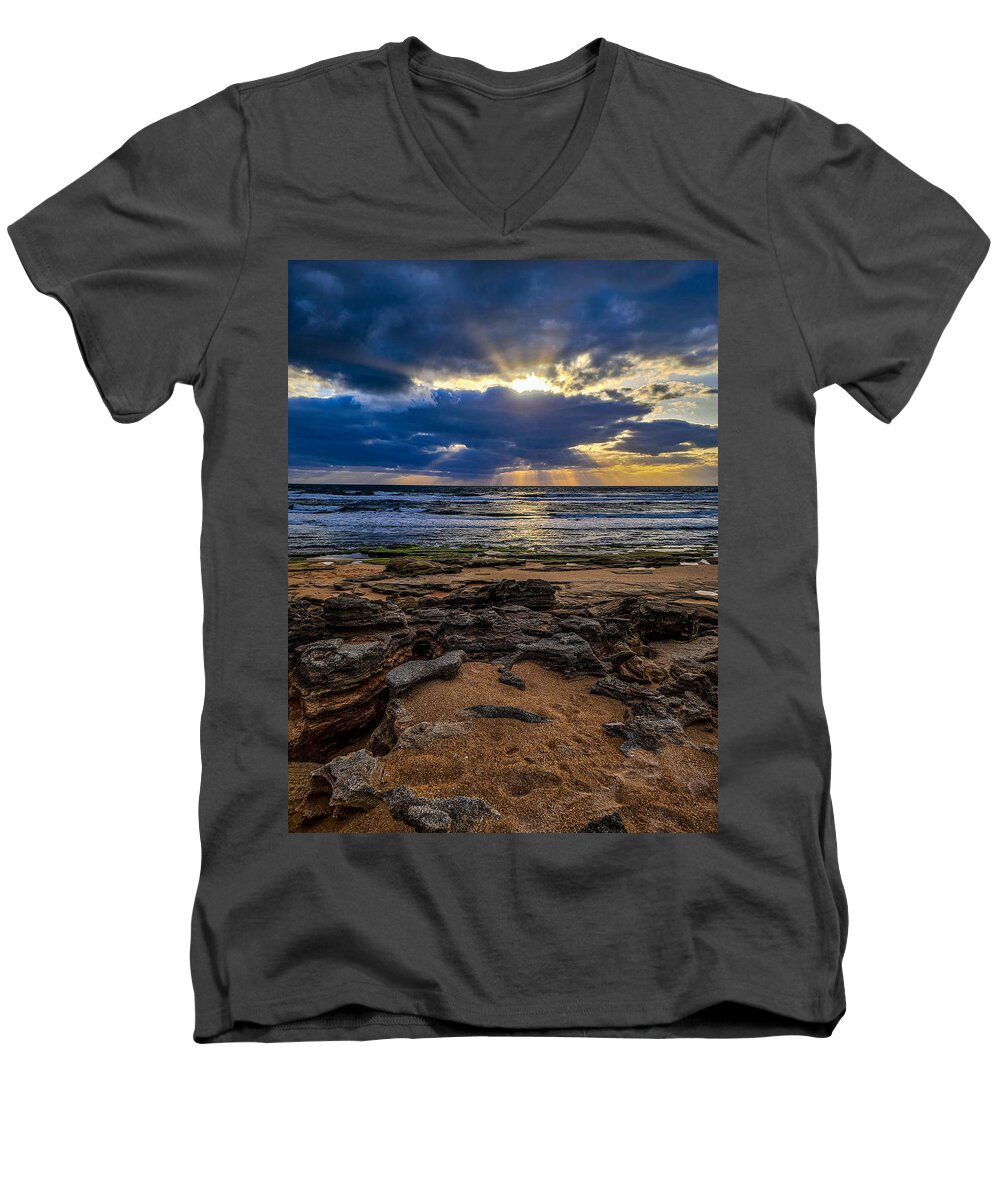  Men's V-Neck T-Shirt featuring the photograph Coquina Rocks Sunrise by Danny Mongosa