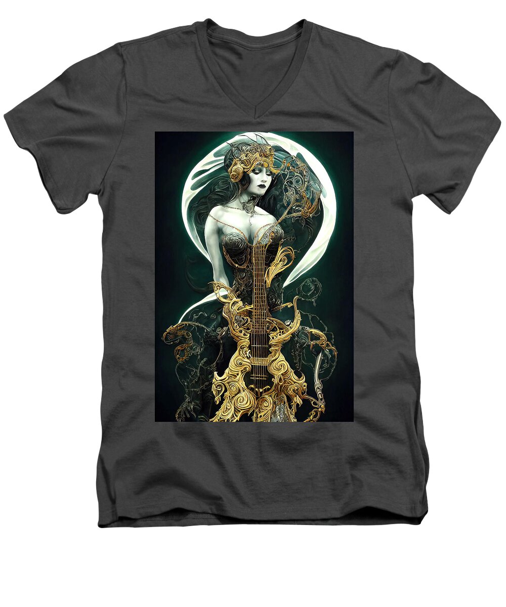 Cosmic Rock N Roll Retro Goddess Men's V-Neck T-Shirt featuring the digital art Cosmic Rock N Roll Retro Goddess by Wes and Dotty Weber