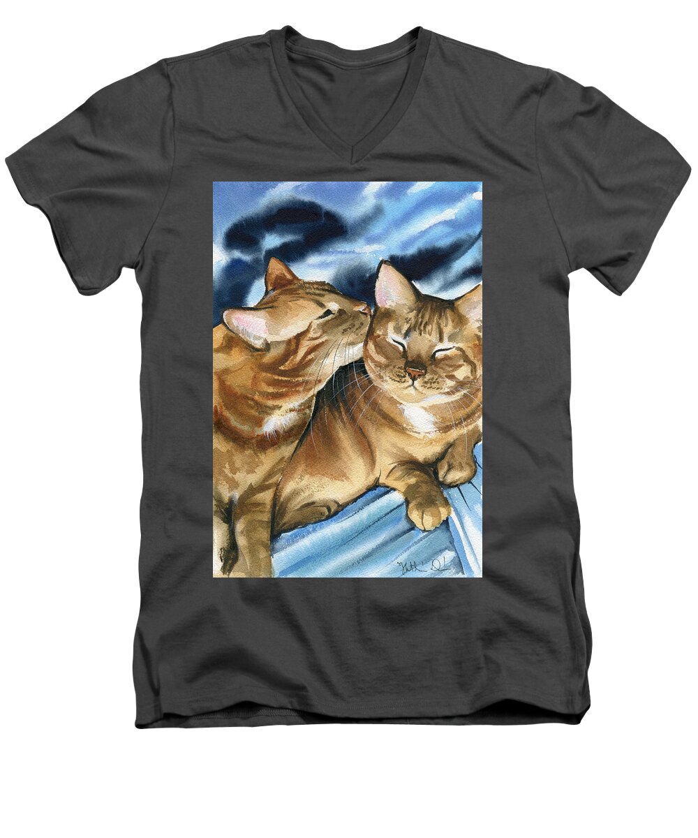 Cat Men's V-Neck T-Shirt featuring the painting Cupcake and Buttercup - Ginger Cat Painting by Dora Hathazi Mendes