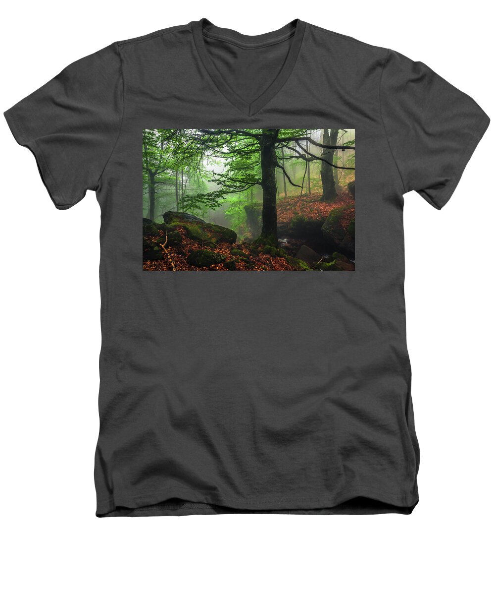 Fog Men's V-Neck T-Shirt featuring the photograph Dark Forest by Evgeni Dinev