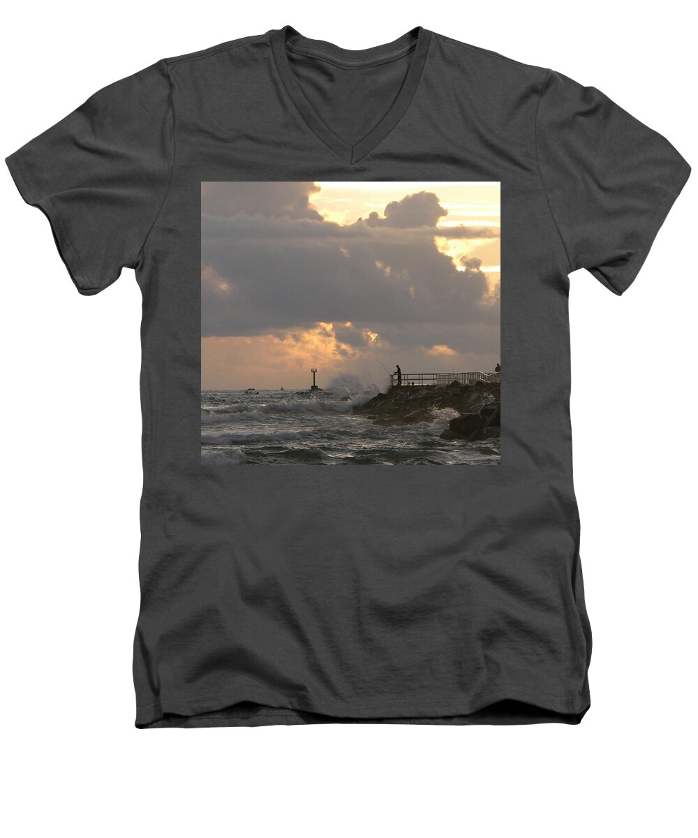 Beautiful Photos Of The Sea Men's V-Neck T-Shirt featuring the photograph Dawn at the jetty with fisherman by Julianne Felton