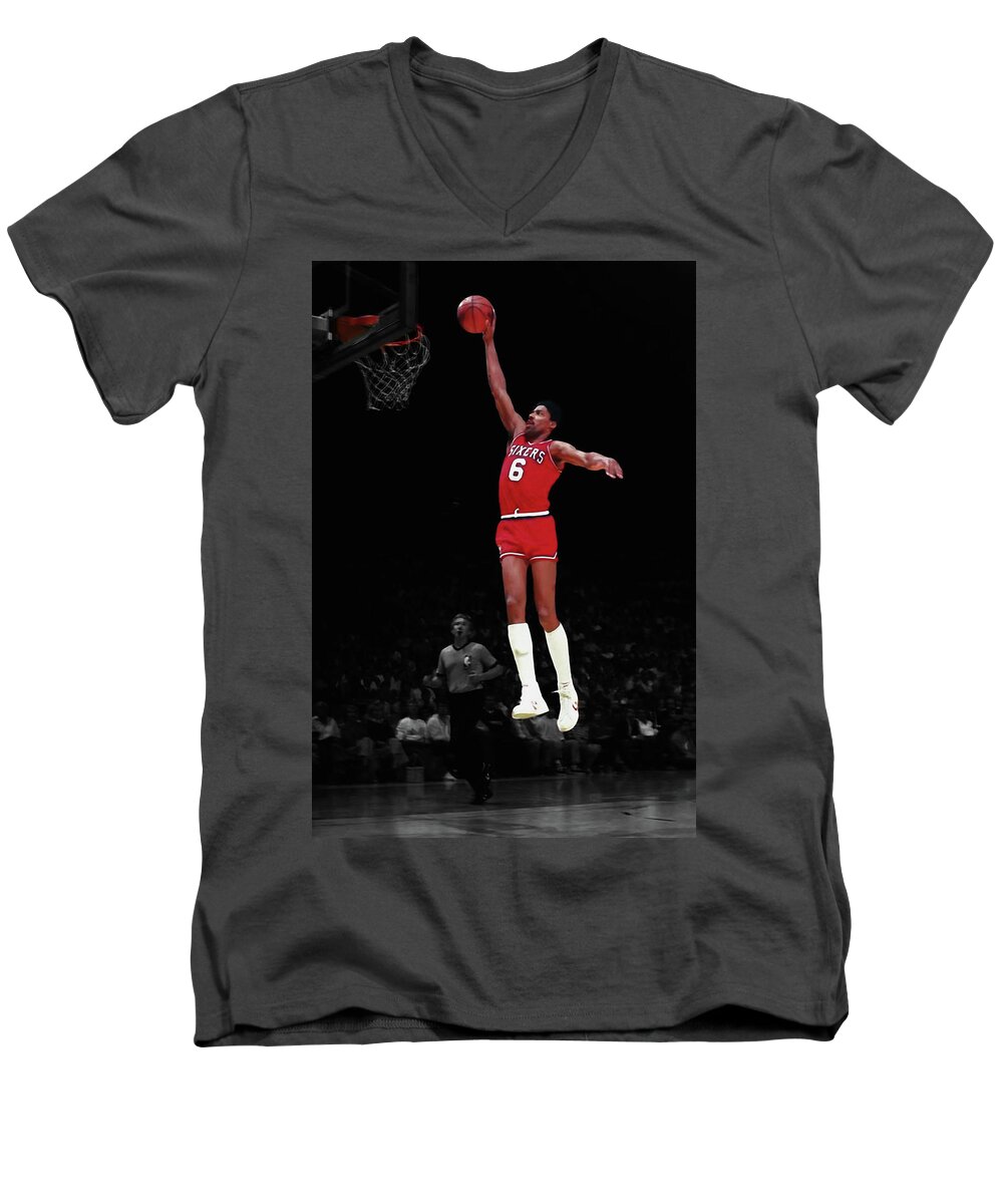 Julius Erving Men's V-Neck T-Shirt featuring the mixed media Doctor J Breakaway Dunk by Brian Reaves