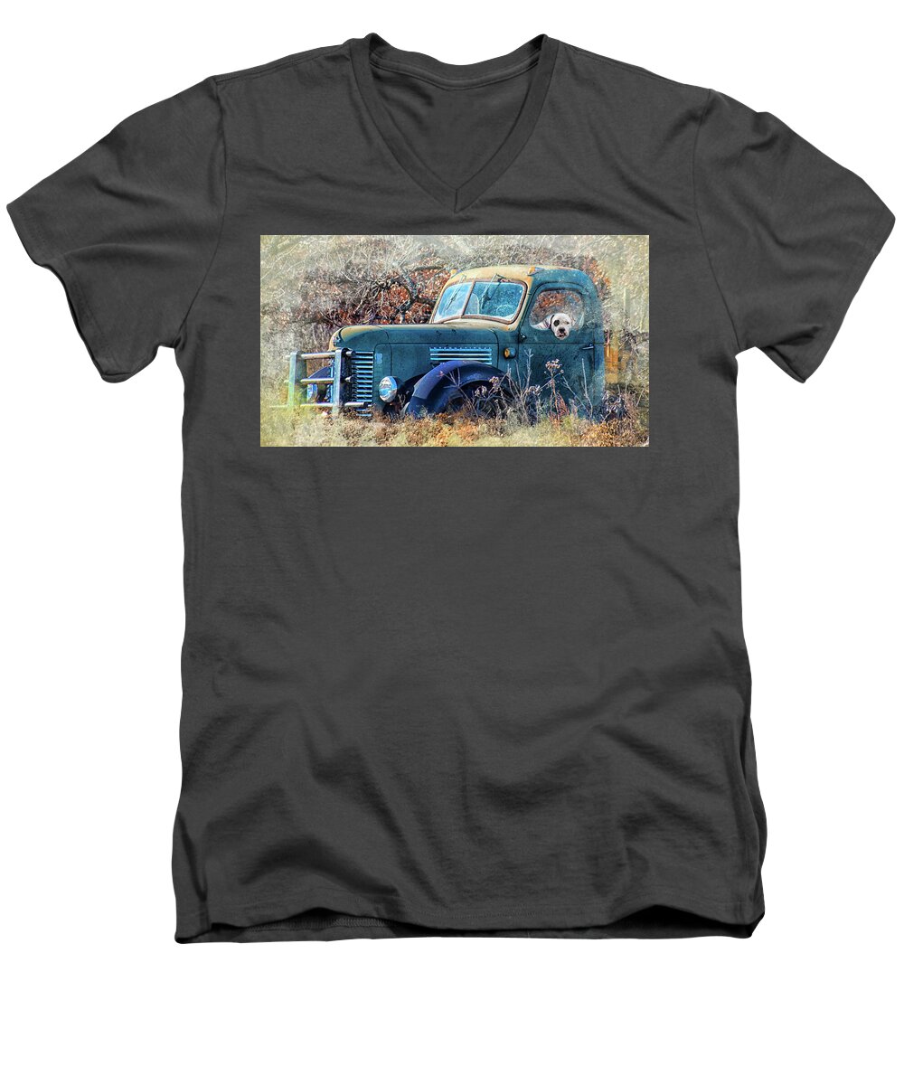Truck Men's V-Neck T-Shirt featuring the photograph Dog in the Truck by Jolynn Reed