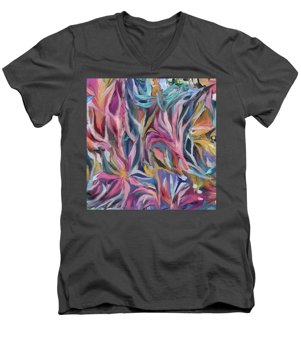 Abstract Flowers Men's V-Neck T-Shirt featuring the digital art Dragonflies in the Garden by Jean Batzell Fitzgerald