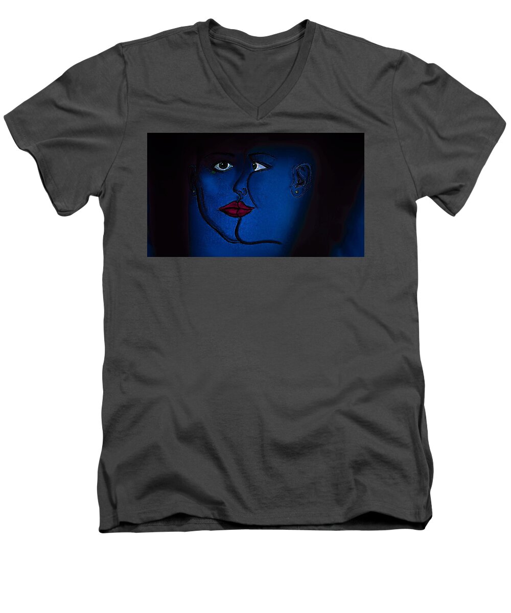 Modern Abstract Men's V-Neck T-Shirt featuring the drawing Faces The Blues by Joan Stratton