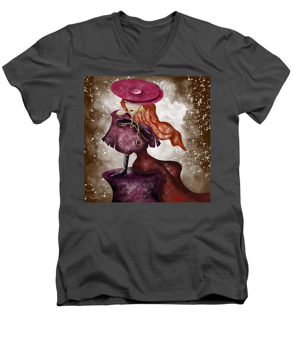 Fairytale Men's V-Neck T-Shirt featuring the painting Fairytale lady in red by Patricia Piotrak