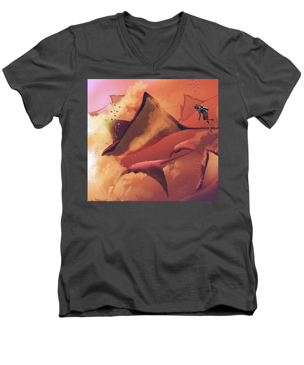 Acrylic Men's V-Neck T-Shirt featuring the painting Fantasy Mantas by Tithi Luadthong