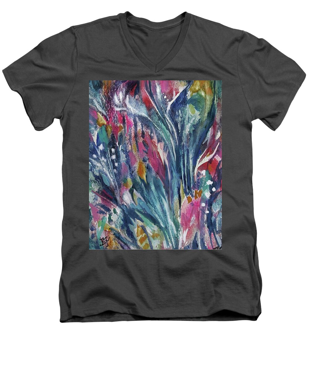Abstract Flowers Men's V-Neck T-Shirt featuring the mixed media Flowers in the Wind by Jean Batzell Fitzgerald