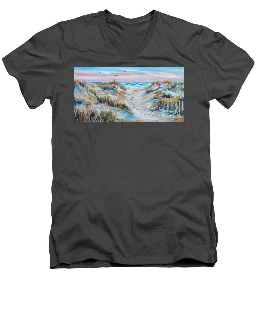 Ocean Men's V-Neck T-Shirt featuring the painting Footprints in Sand Fence by Linda Olsen