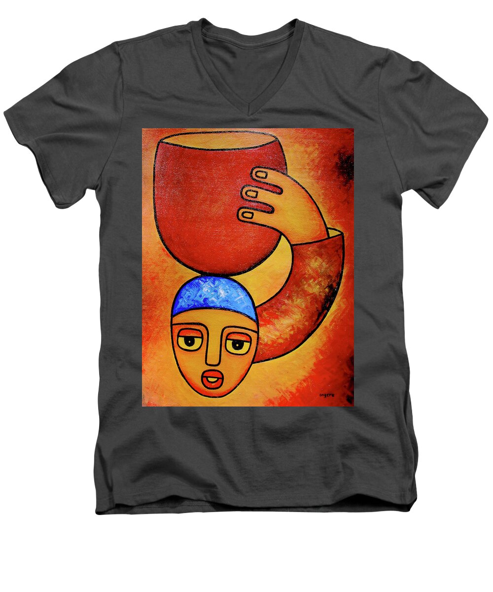Africa Men's V-Neck T-Shirt featuring the painting For my Family by Elisha Ongere