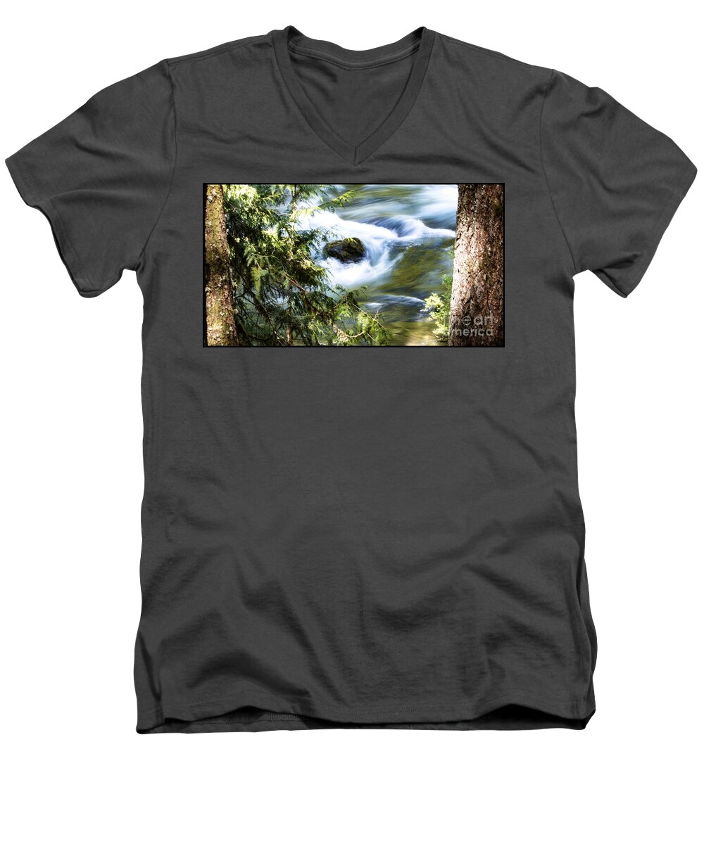 Peace In Nature; Oregon Nature; Oregon Landscape; Landscapes; River Landscapes; Nature; Trees; River Men's V-Neck T-Shirt featuring the photograph Frame Of Pleasure by Janie Johnson