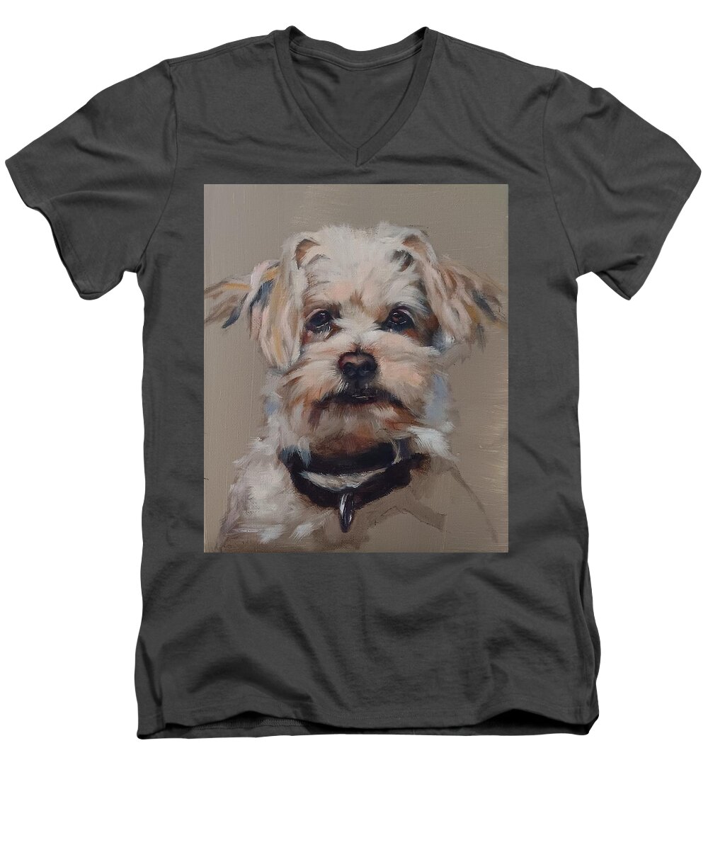 Dog Men's V-Neck T-Shirt featuring the painting Fritzy by Jean Cormier