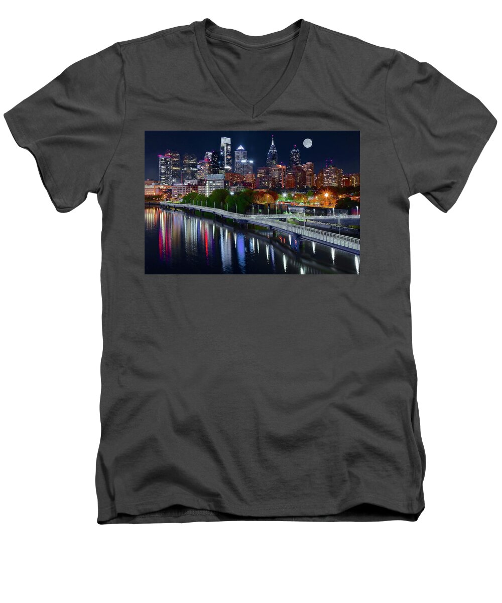 Philadelphia Men's V-Neck T-Shirt featuring the photograph Full Moon Over Philly by Frozen in Time Fine Art Photography