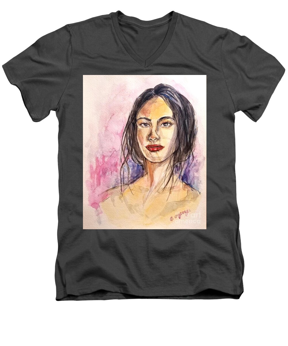 Figure Men's V-Neck T-Shirt featuring the painting Gaze by Leslie Ouyang