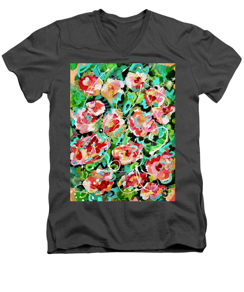 Abstract Floral Pink Flowers Men's V-Neck T-Shirt featuring the painting Going in Circles by Patsy Walton