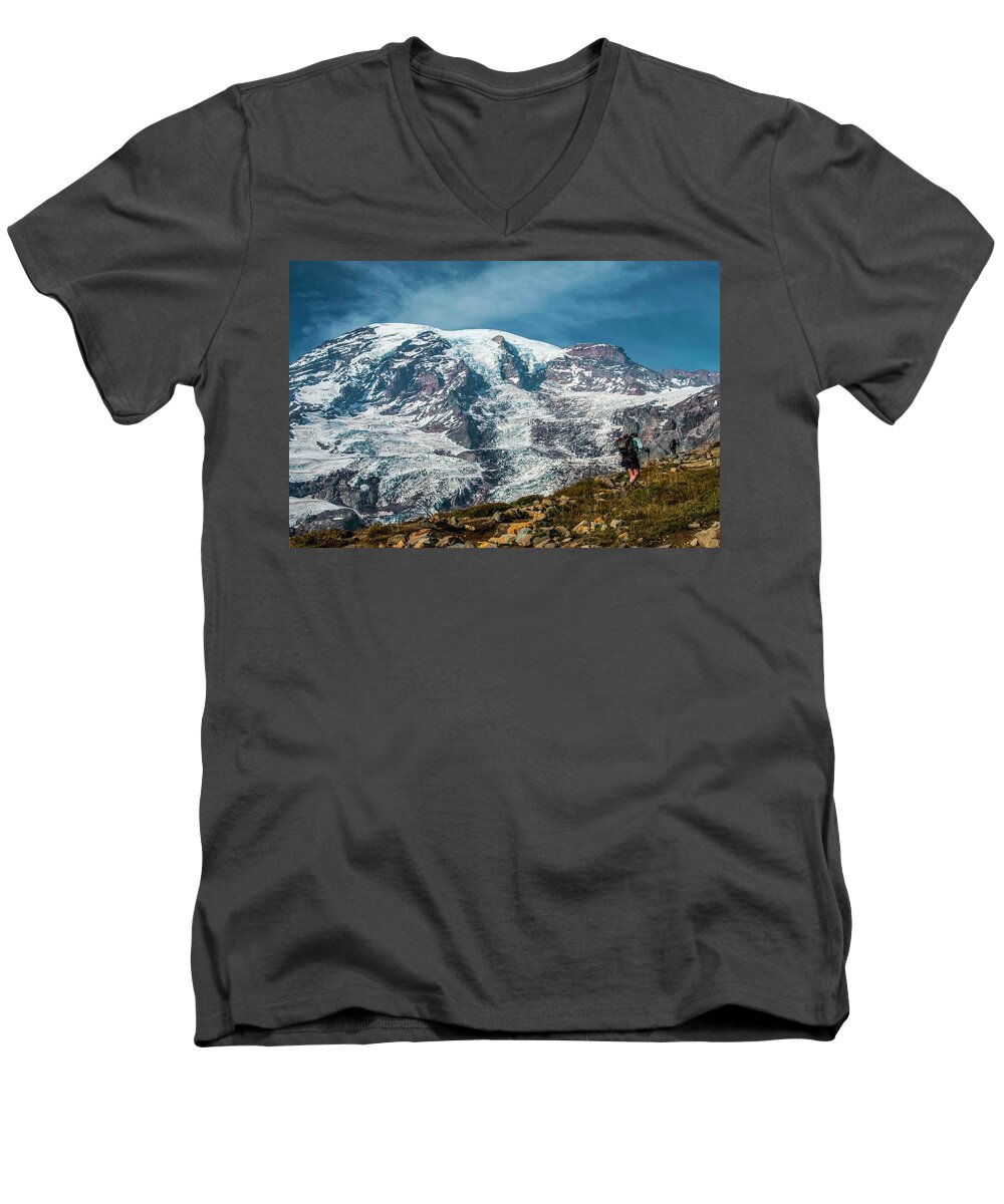 Mount Rainier National Park Men's V-Neck T-Shirt featuring the photograph Going Up by Doug Scrima