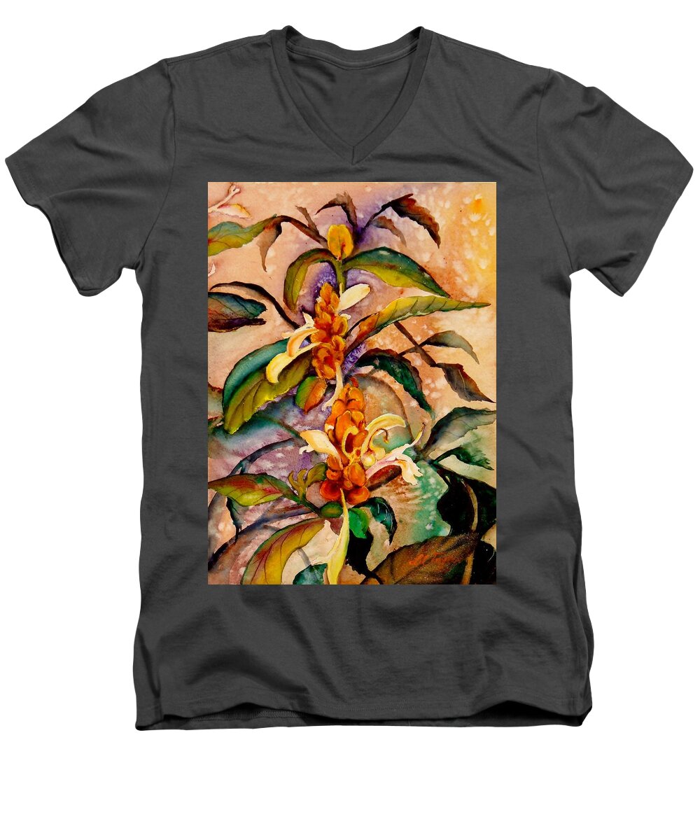 Shrimp Plant Painting Men's V-Neck T-Shirt featuring the painting Goodbye to Summer by Lil Taylor
