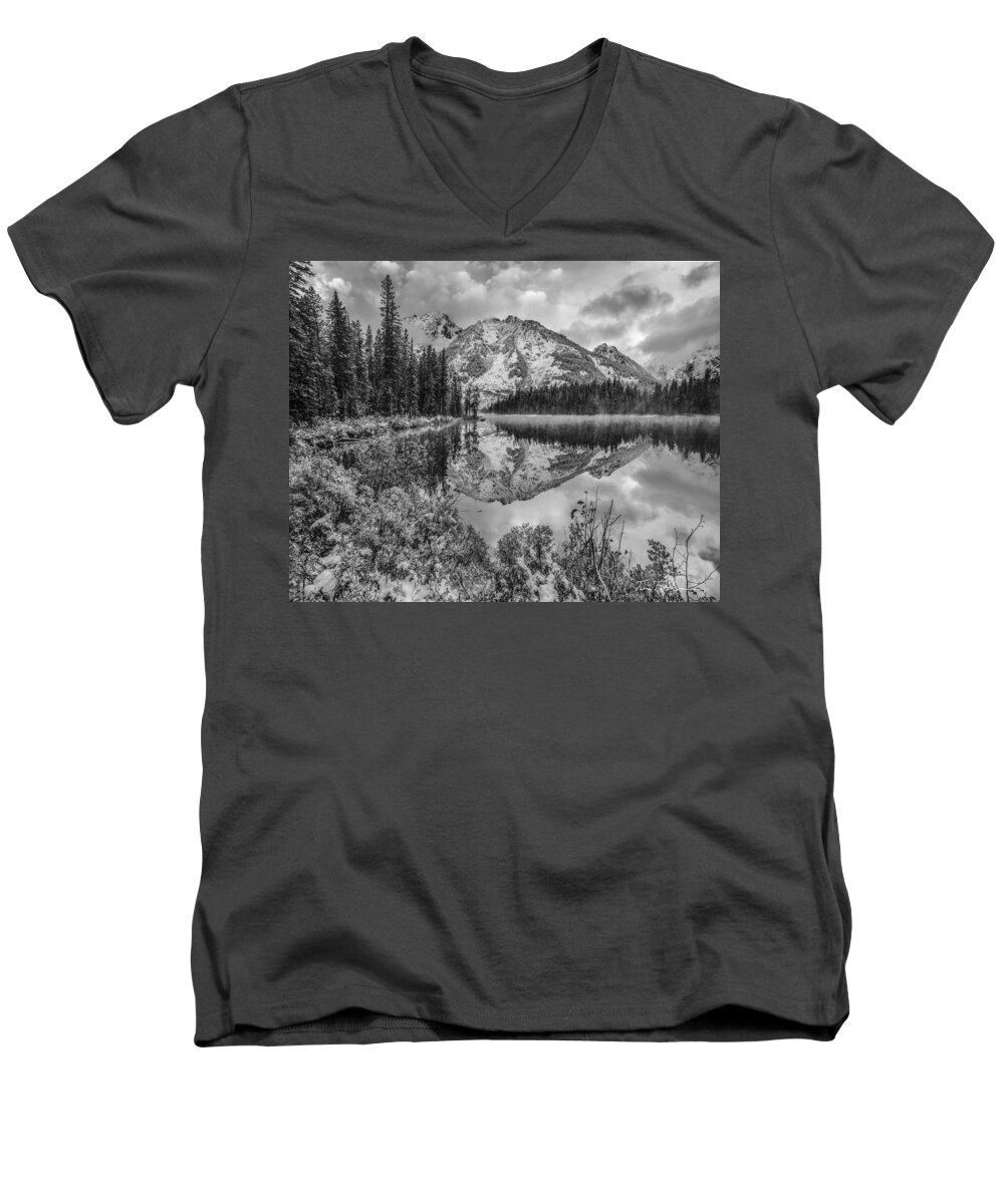 Sunrise Men's V-Neck T-Shirt featuring the photograph Grand Tetons from String Lake, Grand Teto by Tim Fitzharris