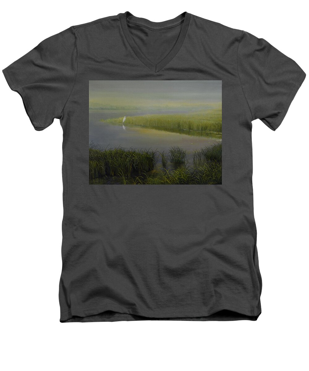 Nature Men's V-Neck T-Shirt featuring the painting Great Egret by Charles Owens