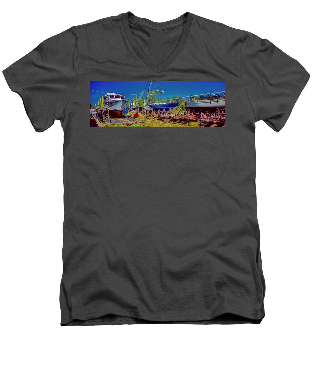 Grebe Men's V-Neck T-Shirt featuring the photograph Grebe Shipyard Chicago Pleasure Boat Dry Dock Ship Builders 516040001 by Tom Jelen