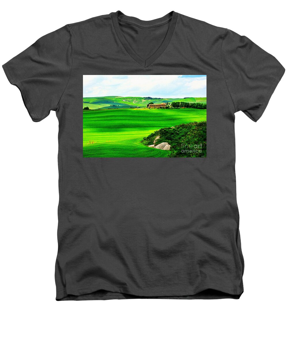 Tuscany Men's V-Neck T-Shirt featuring the photograph Green escape in Tuscany by Ramona Matei