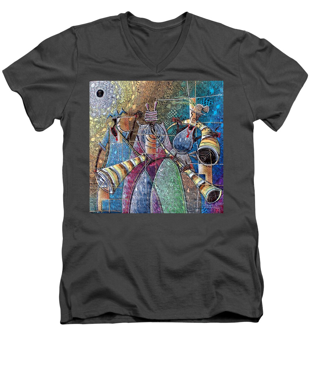 Africa Men's V-Neck T-Shirt featuring the painting Yoruba, Hausa, Ibo Musicians - 3 by Paul Gbolade Omidiran