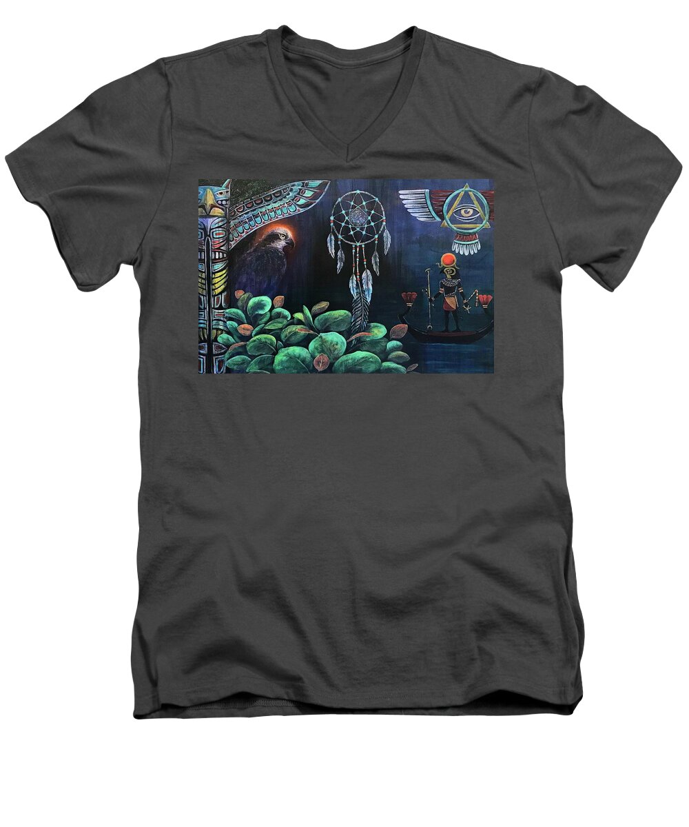 Hawk Men's V-Neck T-Shirt featuring the painting Hawk Magic by Ashley Kujan