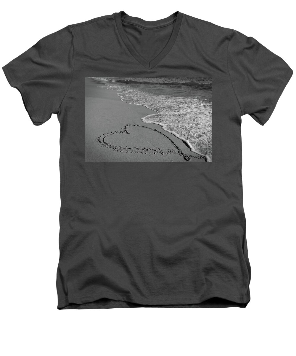 Saint Valentine Men's V-Neck T-Shirt featuring the photograph Heart and beach waves in monochrome by Angelo DeVal