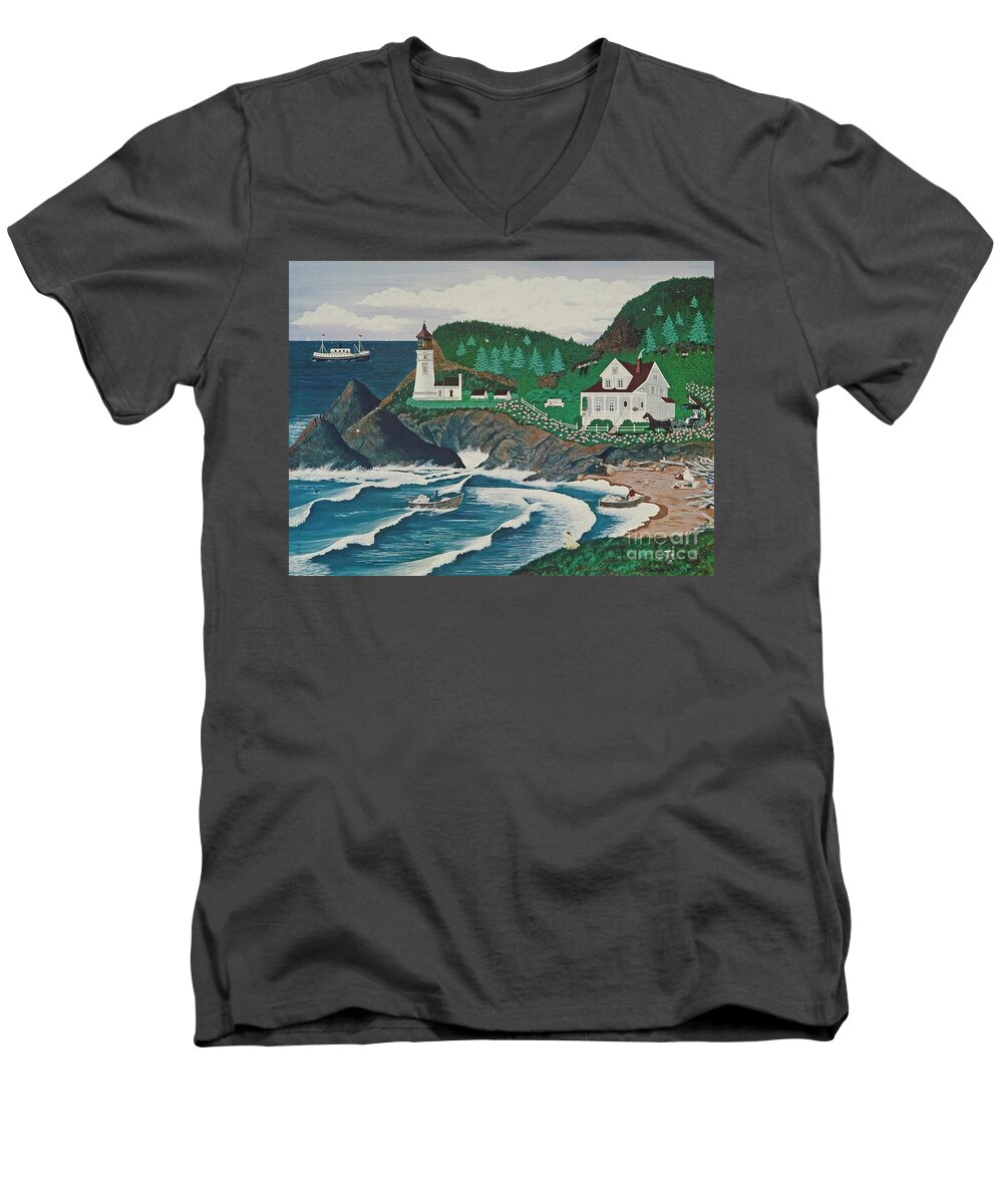 Lighthouse Men's V-Neck T-Shirt featuring the painting Heceta Lighthouse by Jennifer Lake