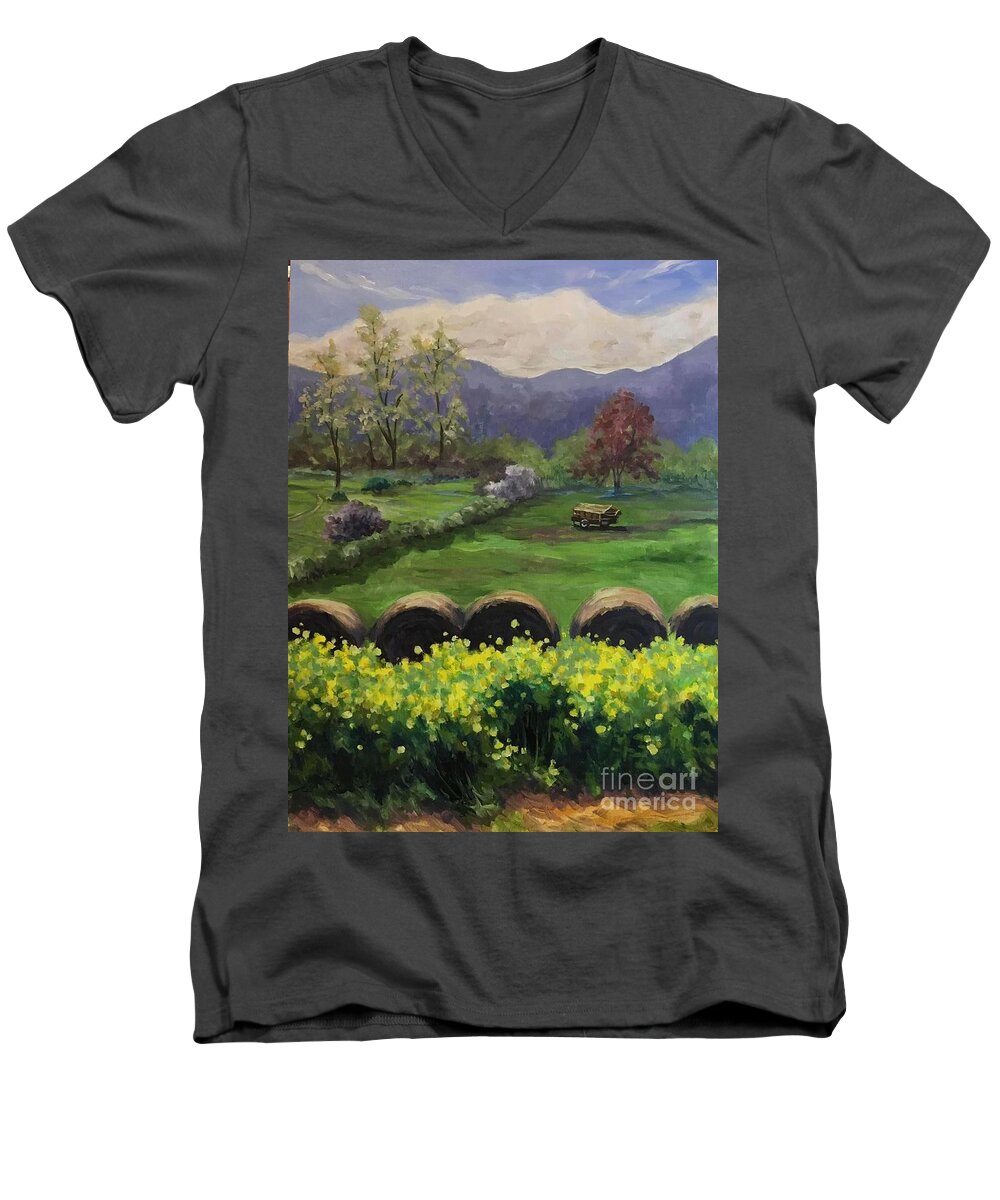 Hay Roll Men's V-Neck T-Shirt featuring the painting Herb Mountain Hay Rolls by Anne Marie Brown