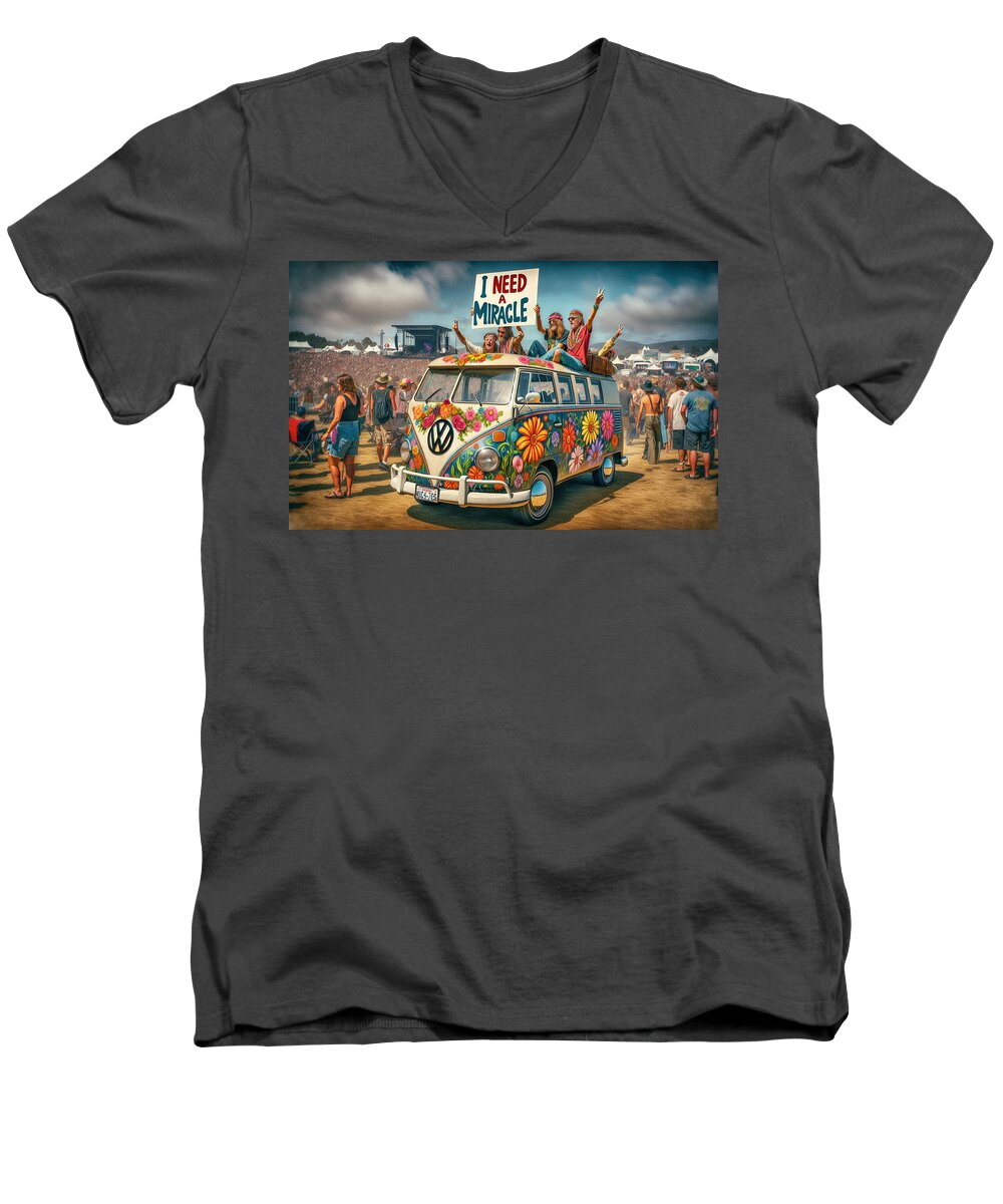 Festival Men's V-Neck T-Shirt featuring the photograph Hippie VM Bus - I Need A Miracle by Bill Cannon