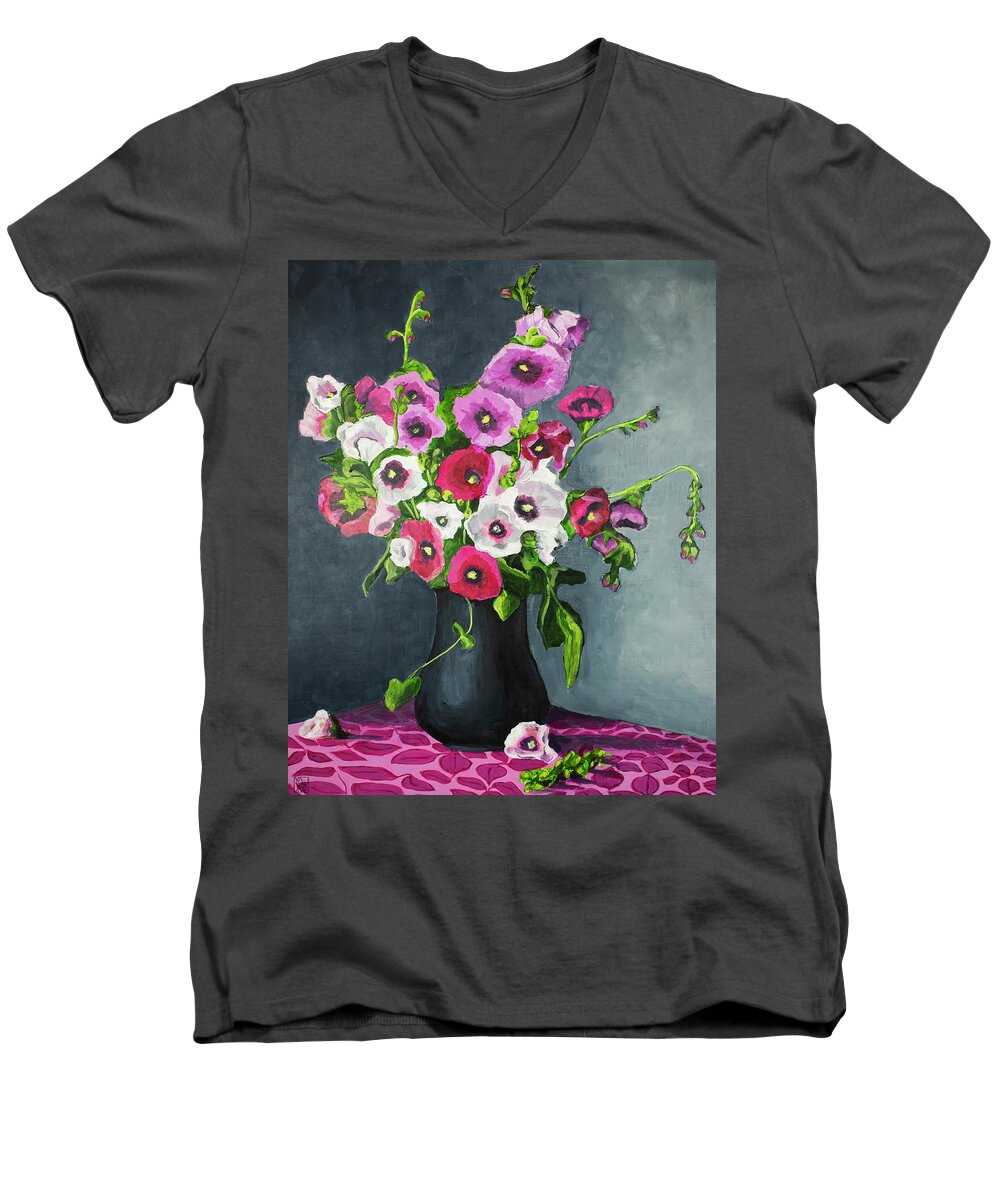 Still Life Men's V-Neck T-Shirt featuring the painting Hollyhocks by Debbie Brown