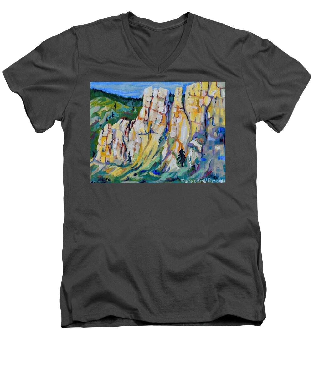 Hoodoos Men's V-Neck T-Shirt featuring the painting Hoodoos Kamloops by Gregory Merlin Brown